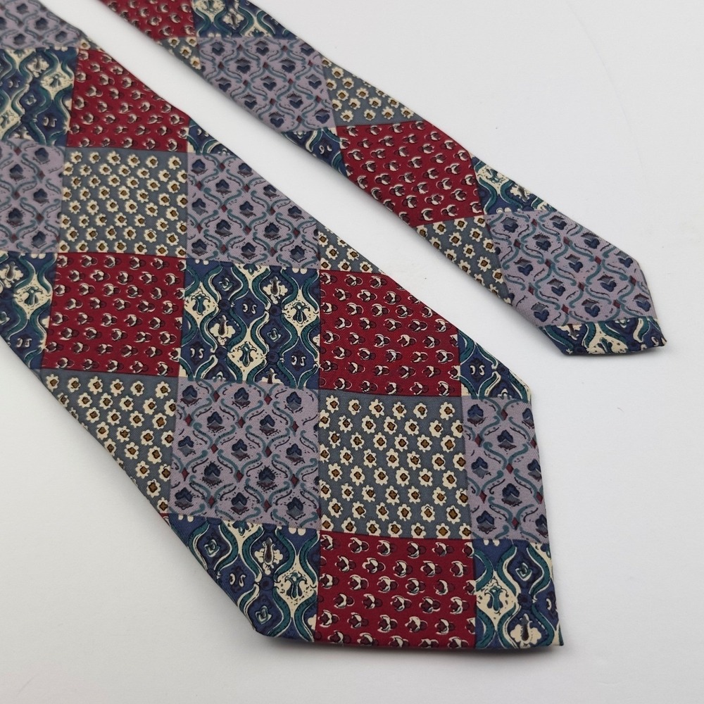 Hathaway Mens‎ Silk Necktie Burgundy Navy Blue Patchwork Geometric Made in USA